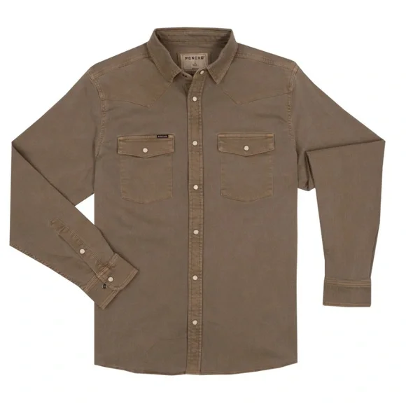 Poncho Cotulla Performance Denim Western Pearl Snap Shirt BrownWorkwear Outdoors - Picture 13 of 13